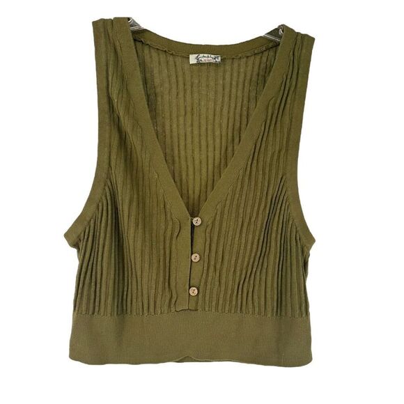 Free People Saturday Morning Crop Top Green Size L V Neck Knit Sleeveless Ribbed - Picture 1 of 5